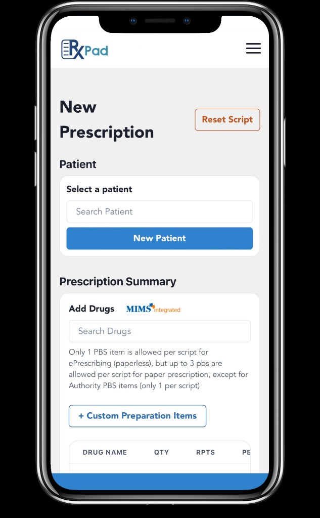 RxPAD new prescription screen on a mobile device