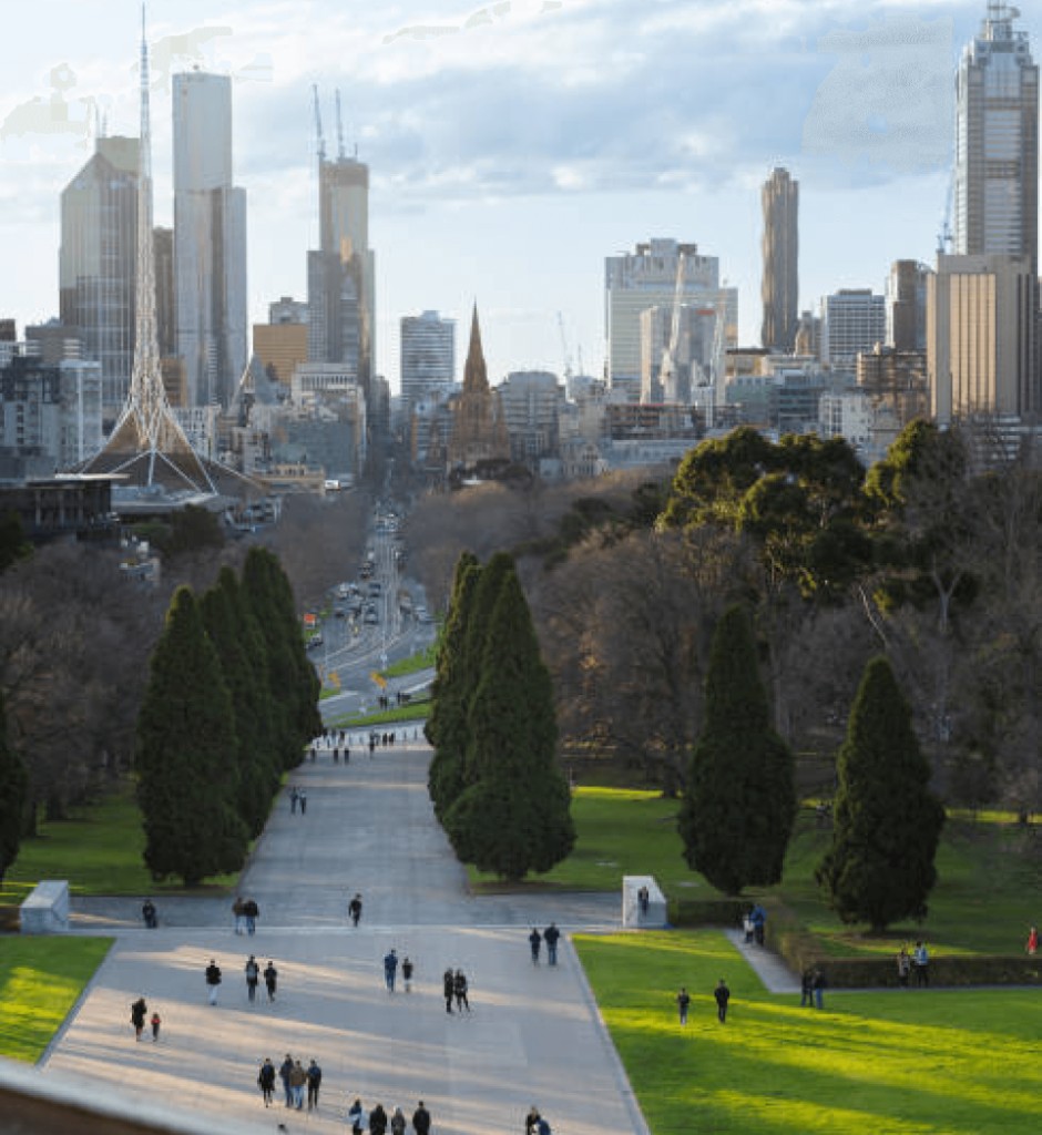 View from the Shrine of Remembrance towards the Melbourne city skyline