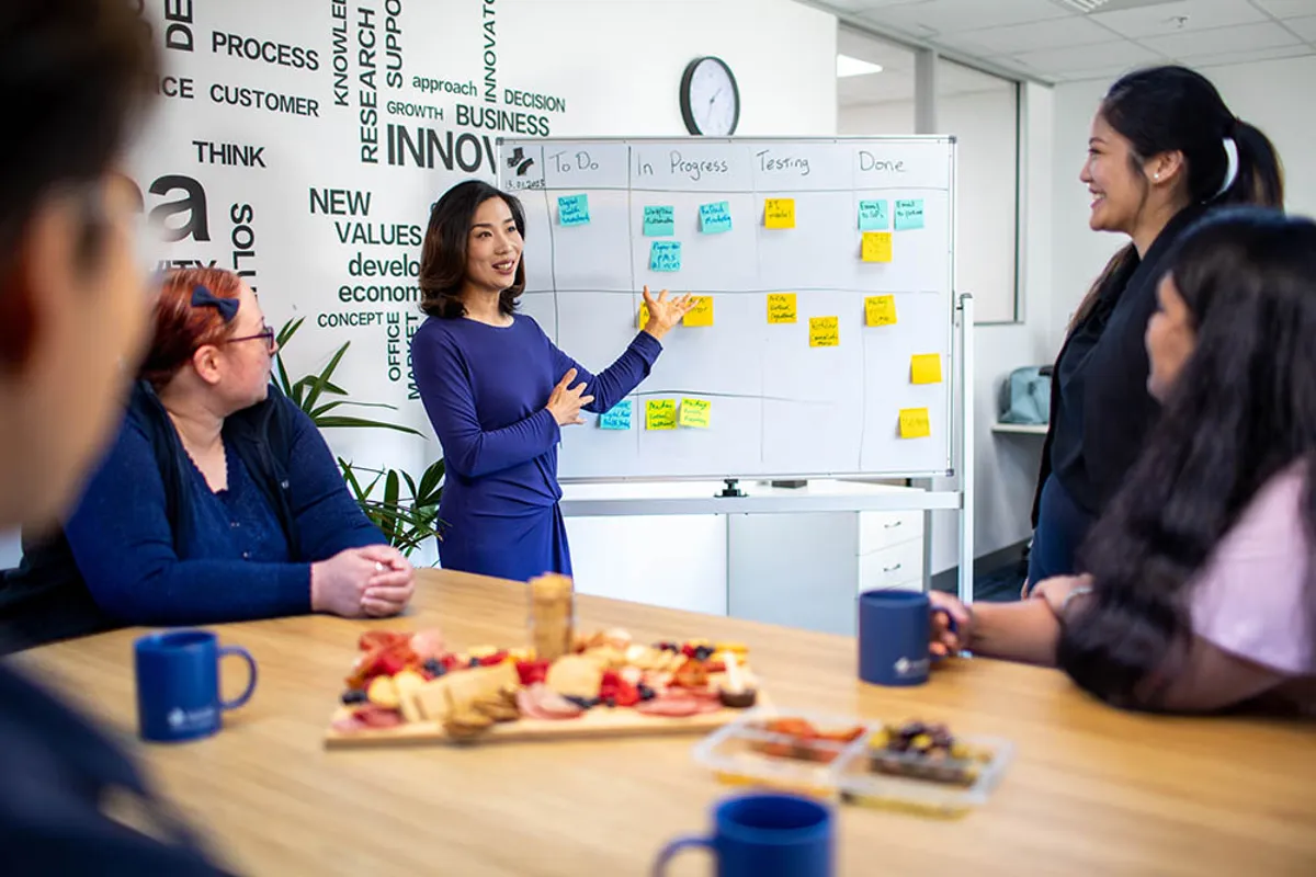 A team collaborating around a whiteboard in a modern office